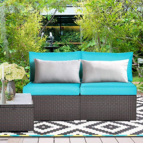 Tangkula 2 PCS Outdoor Wicker Armless Sofa, Patio Rattan Sectional Sofa Set w/2 Thick Seat Cushions and 2 Back Cushions, Additional Seats for Balcony Garden Patio Poolside (Turquoise)