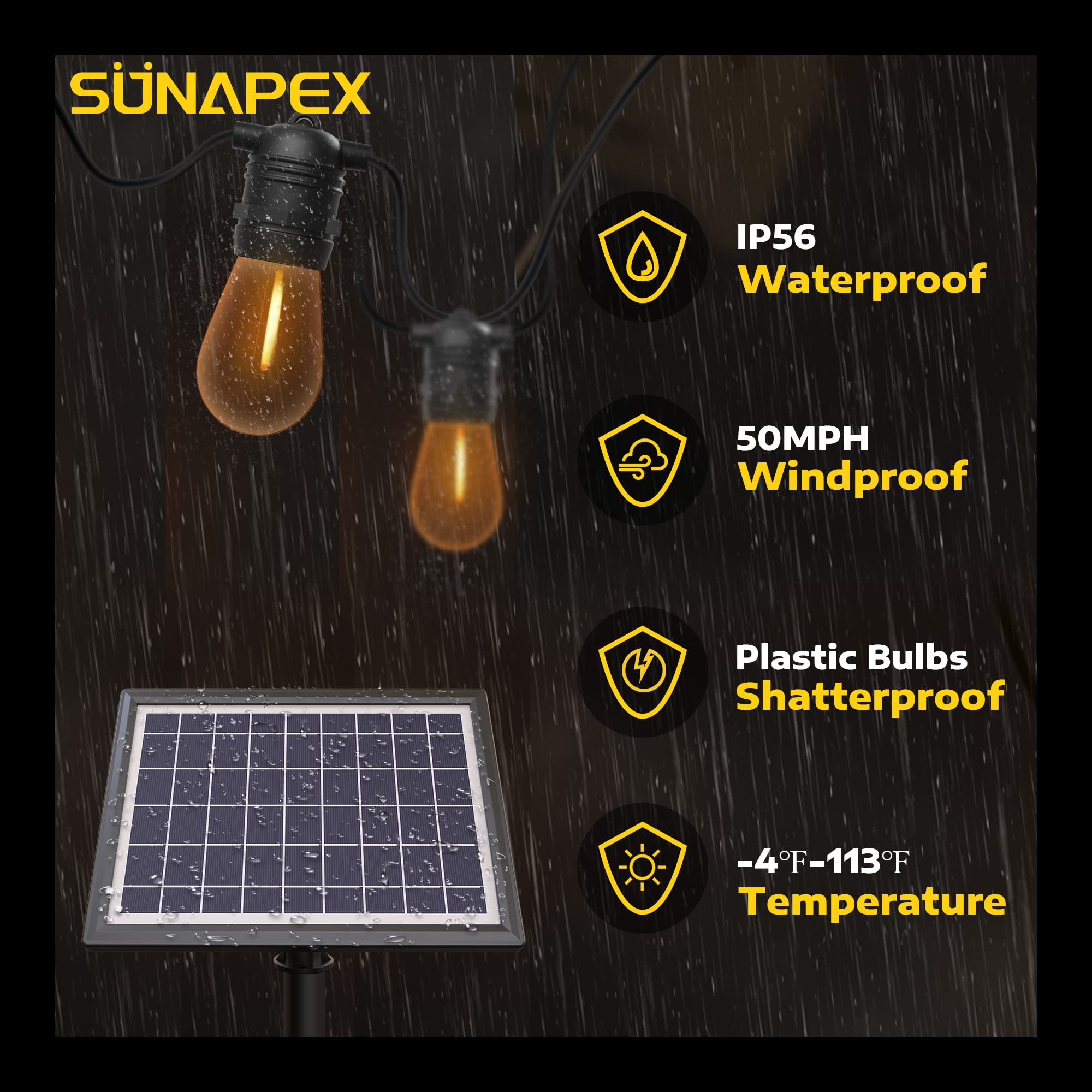 SUNAPEX Solar String Lights Outdoor Waterproof,48FT Solar Patio Lights with Shatterproof Edison Bulbs,Outdoor String Lights Solar Powered for Patio,Camping,Backyard