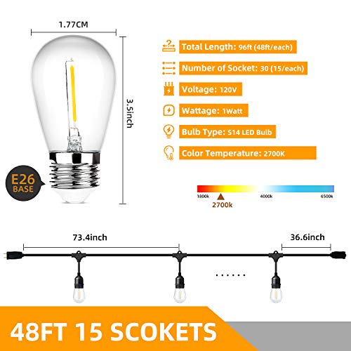 96FT(48×2) 2-Pack LED Outdoor String Lights with Waterproof Shatterproof Dimmable 2700K Warm White Filament Bulb, E26 15 Sockets Linkable Commercial Grade Hanging String Lights for Patio Deck Backyard