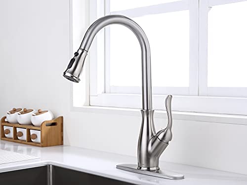 Luxice Faucet Pull Down Kitchen Faucet with Pull Out Sprayer, Kitchen Sink Faucet with Deck Plate, Faucets for Kitchen Sinks, Single-Handle, Pull Down Spray Head, Stainless Steel Brushed Nickel