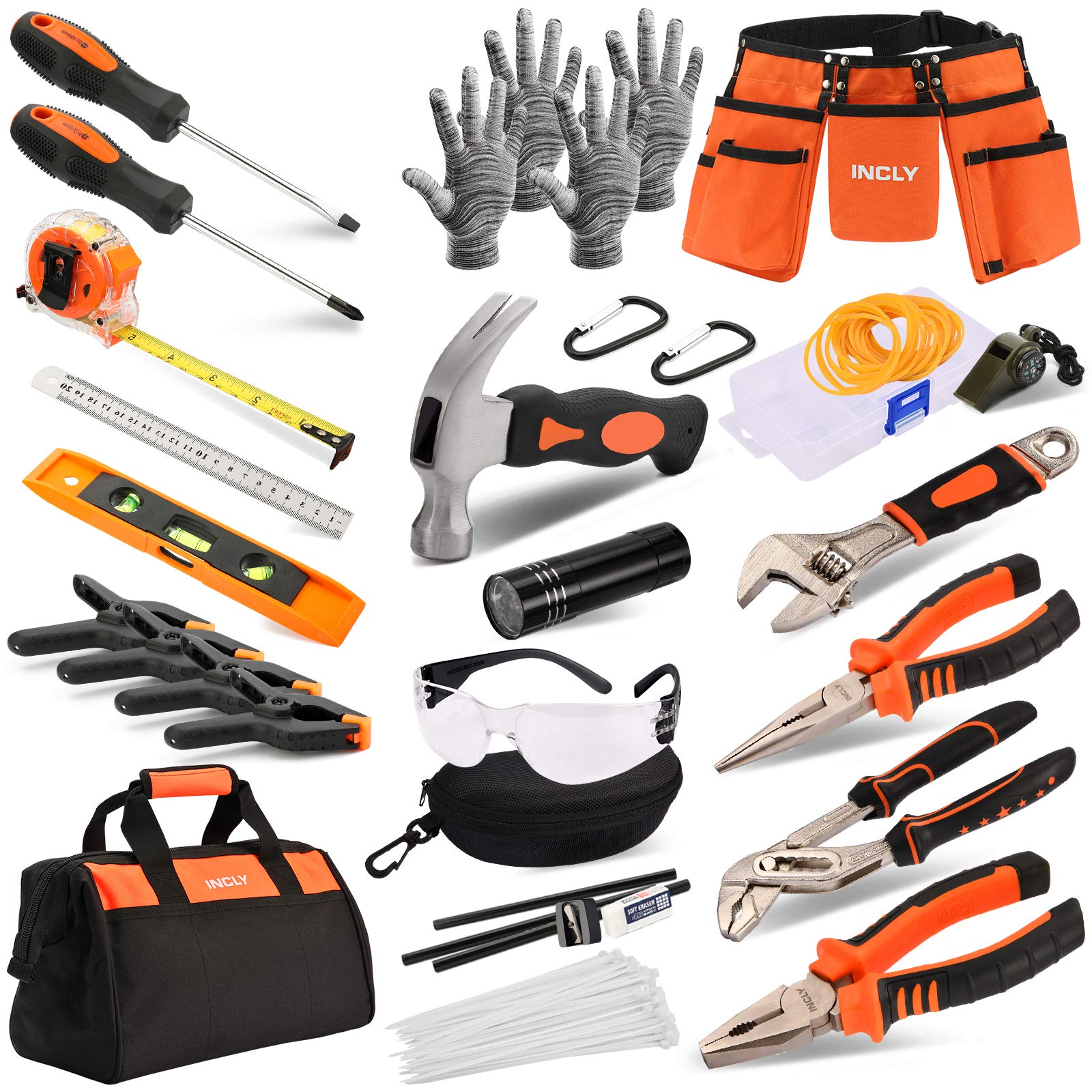 INCLY 95 PCS Kids Real Tool Set, Boys Small Real Hand Tools Kit, Children Construction Learning Tools Hammer Screwdriver for Home DIY Building and Woodworking,Come with Tool Belt & Bag