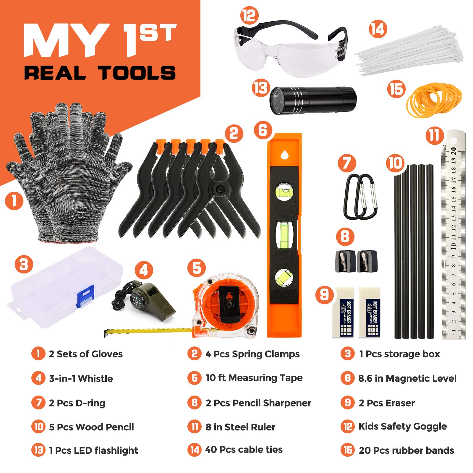 INCLY 95 PCS Kids Real Tool Set, Boys Small Real Hand Tools Kit, Children Construction Learning Tools Hammer Screwdriver for Home DIY Building and Woodworking,Come with Tool Belt & Bag