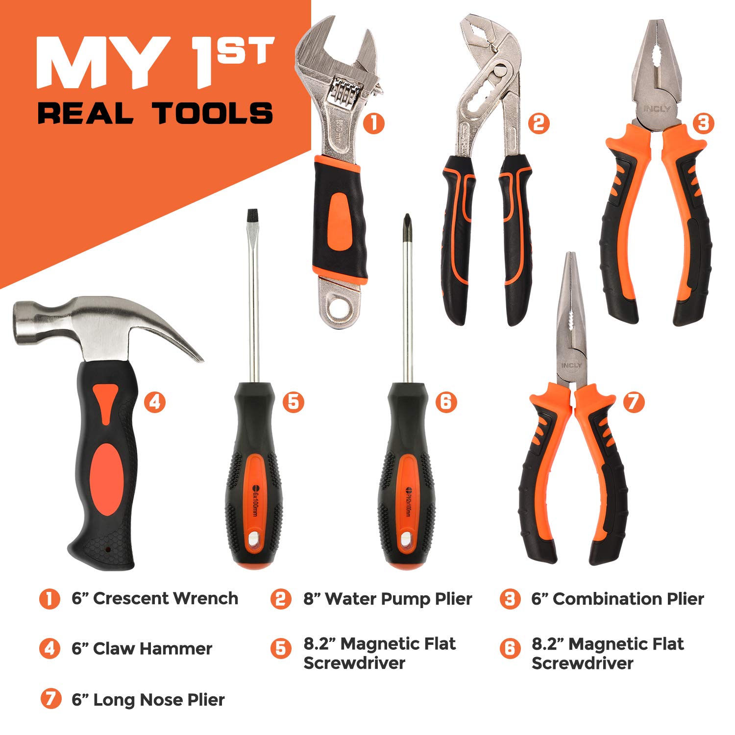 INCLY 95 PCS Kids Real Tool Set, Boys Small Real Hand Tools Kit, Children Construction Learning Tools Hammer Screwdriver for Home DIY Building and Woodworking,Come with Tool Belt & Bag