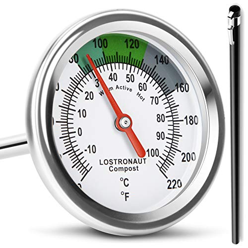 Long Stem Compost Soil Thermometer - Fast Response Stainless Steel 16 Inch - Fahrenheit and Celsius - Includes Protective Sheath and Composting Guide