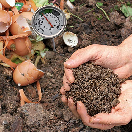 Long Stem Compost Soil Thermometer - Fast Response Stainless Steel 16 Inch - Fahrenheit and Celsius - Includes Protective Sheath and Composting Guide