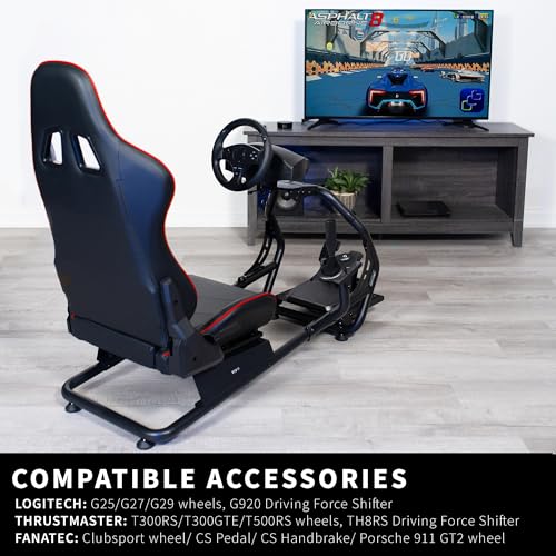 VIVO Racing Simulator Cockpit with Wheel Stand, Gear Mount, Chair and Frame Only, Fits Logitech, Thrustmaster, Fanatec, Compatible with Xbox One, Playstation, PC Video Game, Red Stripe, STAND-RACE1B
