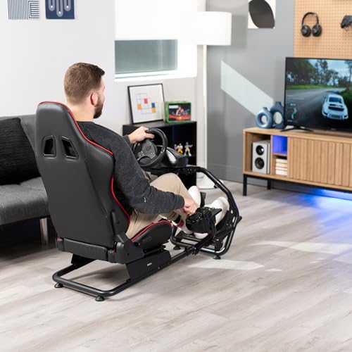 VIVO Racing Simulator Cockpit with Wheel Stand, Gear Mount, Chair and Frame Only, Fits Logitech, Thrustmaster, Fanatec, Compatible with Xbox One, Playstation, PC Video Game, Red Stripe, STAND-RACE1B
