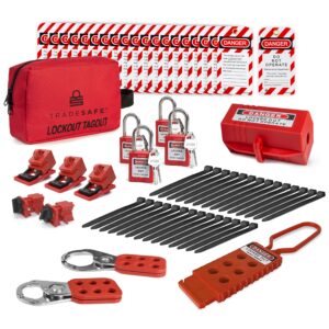 tradesafe electrical lockout tagout kit - hasps, clamp on and universal multipole circuit breaker lockouts, loto tags, plug lockout, loto locks set (2 keys per lock) for safe electrical lockouts red