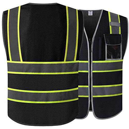 JKSafety 3 Pockets High Visibility Zipper Front Safety Vest MESH Lite | Black with Dual Tone High Reflective Strips | Meets ANSI/ISEA Standards (99-Black, Medium)