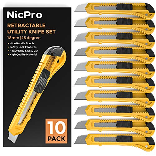 Nicpro 10 PCS Utility Knife Set, 18 mm Retractable Box Cutters Bulk Razor Knife for Heavy Duty Office, Home, Arts Crafts, Hobby