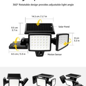LE Solar Lights for Outside, Motion Sensor Outdoor Lights, WL4000 High Brightness, 3 Adjustable Heads 270° Wide Lighting Angle, IP65 Waterproof, Wireless Wall Lamp for Porch Yard Garage, 2 Packs