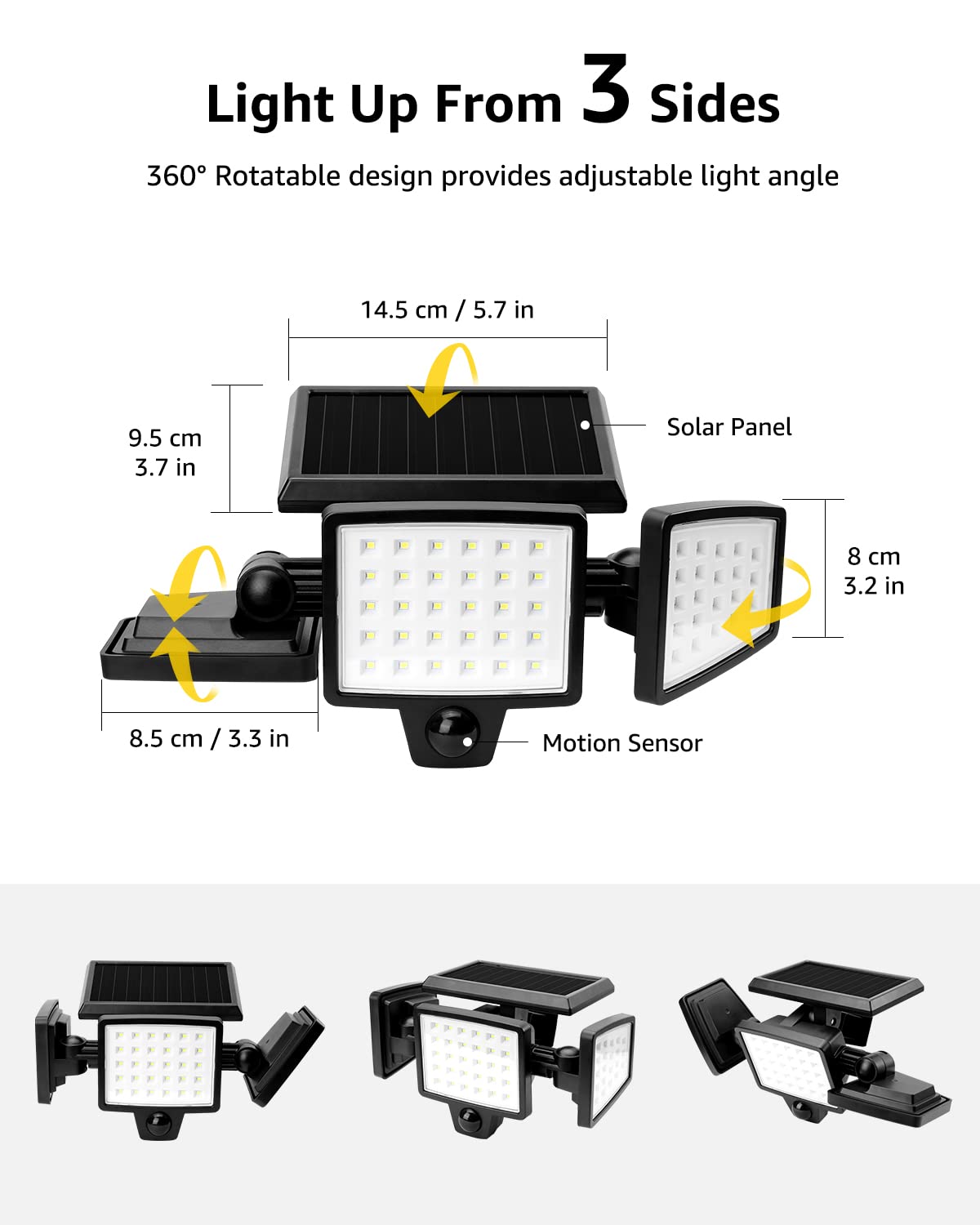 LE Solar Lights for Outside, Motion Sensor Outdoor Lights, WL4000 High Brightness, 3 Adjustable Heads 270° Wide Lighting Angle, IP65 Waterproof, Wireless Wall Lamp for Porch Yard Garage, 2 Packs