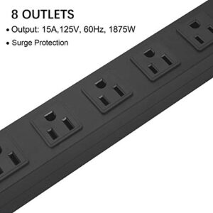 Metal 8 Outlet Mountable Power Strip, Wall Mount Outlet Power Strip Heavy Duty, Wide Spaced Commercial Shop Power Strip with Switch, 15A 125V 1875W, 6 FT SJT 14AWG Power Cord (6FT) Black