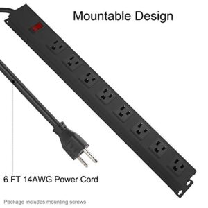 Metal 8 Outlet Mountable Power Strip, Wall Mount Outlet Power Strip Heavy Duty, Wide Spaced Commercial Shop Power Strip with Switch, 15A 125V 1875W, 6 FT SJT 14AWG Power Cord (6FT) Black