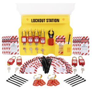 tradesafe lockout tagout station with loto devices - lock out tag out kit board includes 8 pack safety lock set, 3 hasps for padlocks, 30 do not operate tags for lockout safety, osha compliance