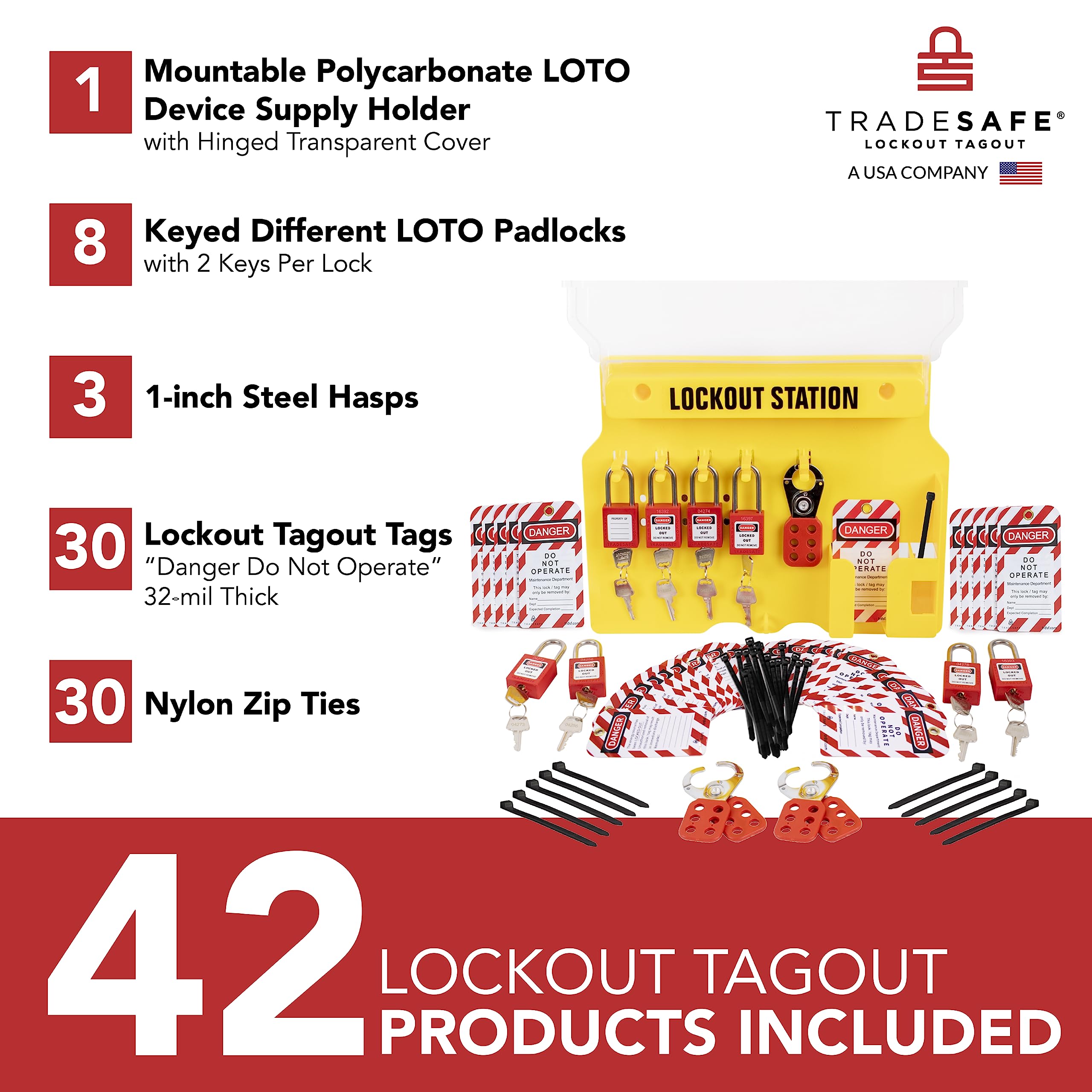 TRADESAFE Lockout Tagout Station with Loto Devices - Lock Out Tag Out Kit Board Includes 8 Pack Safety Lock Set, 3 Hasps for Padlocks, 30 Do Not Operate Tags for Lockout Safety, OSHA Compliance