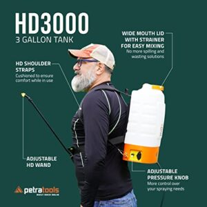 PetraTools 3-Gallon Battery Powered Backpack Sprayer – Extended Spray Time Long-Life Battery - New HD Wand Included, Wide Mouth Lid, Comes with Multiple Nozzles & Battery Included, 65+ PSI - HD3000