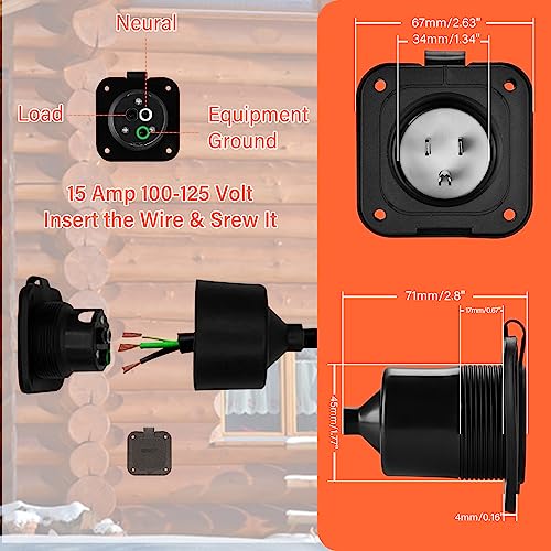 WELLUCK 15 Amp Flanged Inlet 125V, NEMA 5-15 RV Shore Power Inlet Plug w/Waterproof and Back Cover, 2 Pole 3-Wire AC Port Plug, Generator Male Receptacle for Marine Boat RV Shed Electrical Extension