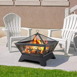 AMAGABELI GARDEN & HOME Fire Pit Outdoor Wood Burning 24in with Fireplace Poker Spark Screen Retardant Mesh Lid Rustproof Bronze