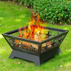 AMAGABELI GARDEN & HOME Fire Pit Outdoor Wood Burning 24in with Fireplace Poker Spark Screen Retardant Mesh Lid Rustproof Bronze