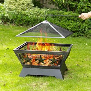 AMAGABELI GARDEN & HOME Fire Pit Outdoor Wood Burning 24in with Fireplace Poker Spark Screen Retardant Mesh Lid Rustproof Bronze