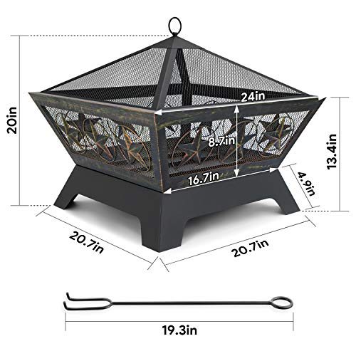 AMAGABELI GARDEN & HOME Fire Pit Outdoor Wood Burning 24in with Fireplace Poker Spark Screen Retardant Mesh Lid Rustproof Bronze