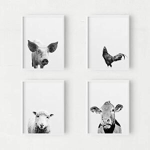 Black and White Farm Animal Prints | Set of 4 11x14 Cute Animal Wall Art | Rustic Kids Bedroom and Baby's Nursery Wall Decor | Pig, Chicken, Sheep, Cow Photos Ready to Frame | Vintage Farmhouse Decor