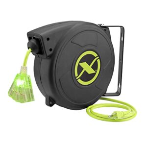 flexzilla retractable extension, 14/3 awg sjtow, 50', grounded triple tap outlet electric cord reel, zillagreen, fz8140503