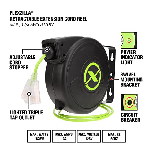 Flexzilla Retractable Extension, 14/3 AWG SJTOW, 50', Grounded Triple Tap Outlet Electric Cord Reel, ZillaGreen, FZ8140503