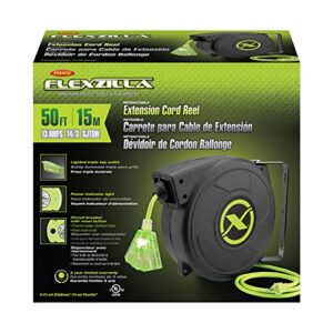 Flexzilla Retractable Extension, 14/3 AWG SJTOW, 50', Grounded Triple Tap Outlet Electric Cord Reel, ZillaGreen, FZ8140503