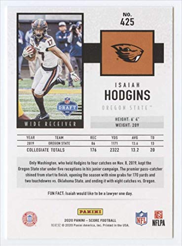 2020 Score #425 Isaiah Hodgins Oregon State Beavers NFL Football Card (RC - Rookie Card) NM-MT