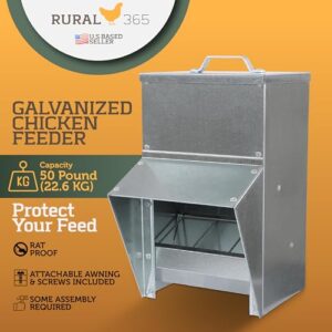 Rural365 50lb Capacity Galvanized Chicken Feeder Weatherproof Coop Dispenser