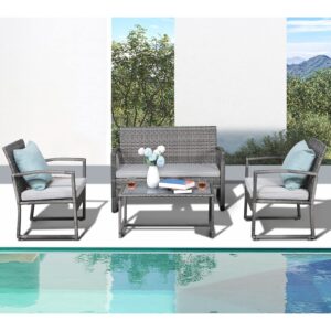 patiorama 4 pieces outdoor patio furniture, wicker conversation, rattan chair, modern bistro set with coffee table, garden balcony backyard poolside (light grey)