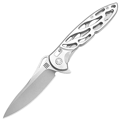 ARTISANCUTLERY Artisan Cutlery Hoverwing Pocket Folding Knife ATZ-1801P, Tactical EDC Knife with Stonewash D2 Blade and Steel Handle for Men Outdoor Hiking Camping Survival Hunting,White