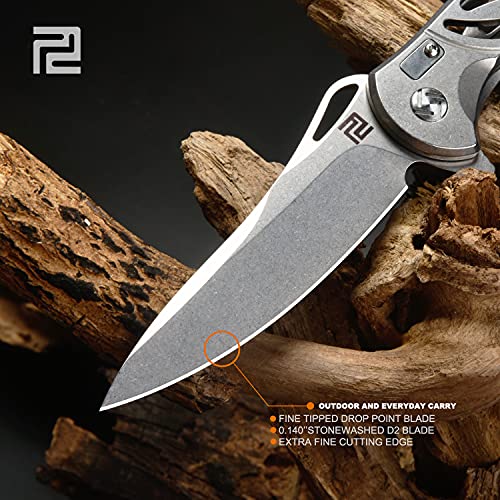 ARTISANCUTLERY Artisan Cutlery Hoverwing Pocket Folding Knife ATZ-1801P, Tactical EDC Knife with Stonewash D2 Blade and Steel Handle for Men Outdoor Hiking Camping Survival Hunting,White