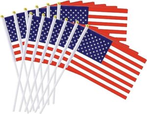 six foxes 12 pcs small american flags on stick 5x8 inch, mini handheld flags with kid-safe spear top, polyester full color tear-resistant flag, memorial outside patriotic holiday yard patio decor