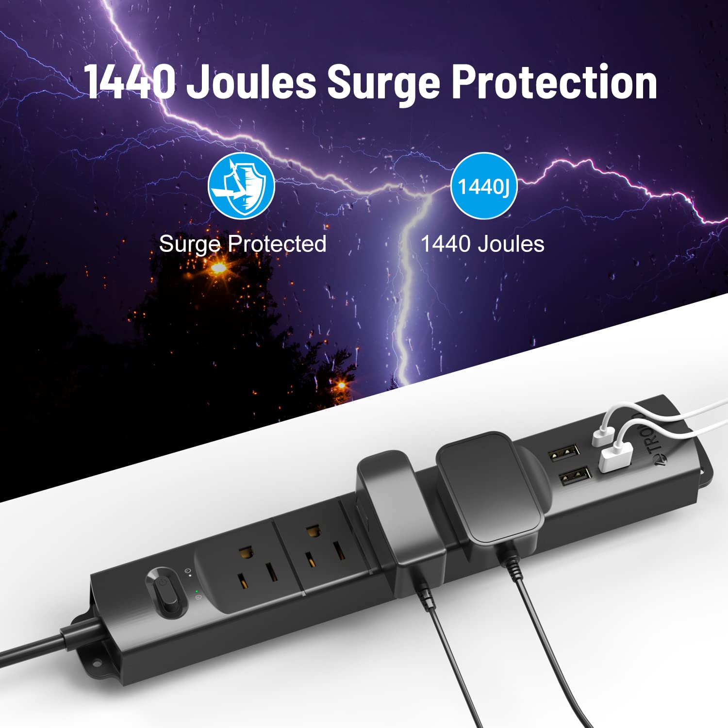 TROND Surge Protector Power Strip with USB, Ultra Thin Flat Plug 3ft Extension Cord 1625W, 3 USB A & 1 Type C, 4 AC Outlets 1440J Surge Protection Wall Mount for Home Office Dorm Room, Black