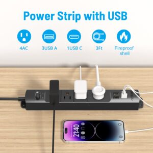 TROND Surge Protector Power Strip with USB, Ultra Thin Flat Plug 3ft Extension Cord 1625W, 3 USB A & 1 Type C, 4 AC Outlets 1440J Surge Protection Wall Mount for Home Office Dorm Room, Black
