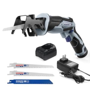 workpro 12v cordless reciprocating saw with clamping jaw, 2.0ah li-ion battery with 1 hour fast charger, variable speed and tool-free blade change, 3 saw blades for wood & metal cutting