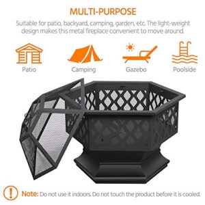 Topeakmart Portable Fire Pit Outdoor Firepit with Mesh Sides Cover Poker Steel Heater Fireplace Wood Burning Pit Hexagon Shaped Fireplace Metal Brazier 24in