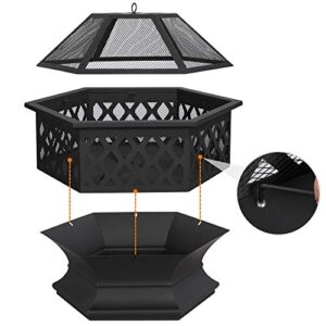 Topeakmart Portable Fire Pit Outdoor Firepit with Mesh Sides Cover Poker Steel Heater Fireplace Wood Burning Pit Hexagon Shaped Fireplace Metal Brazier 24in