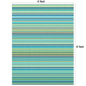 JBGO Outdoor Rug,Patio Rug,4' x 6' Reversible Woven Lightweight Large Plastic Striped Stain Proof Indoor Area Runner Mat for Deck Patio Camping Beach Picnic BBQ (Turquoise Blue Stripes)