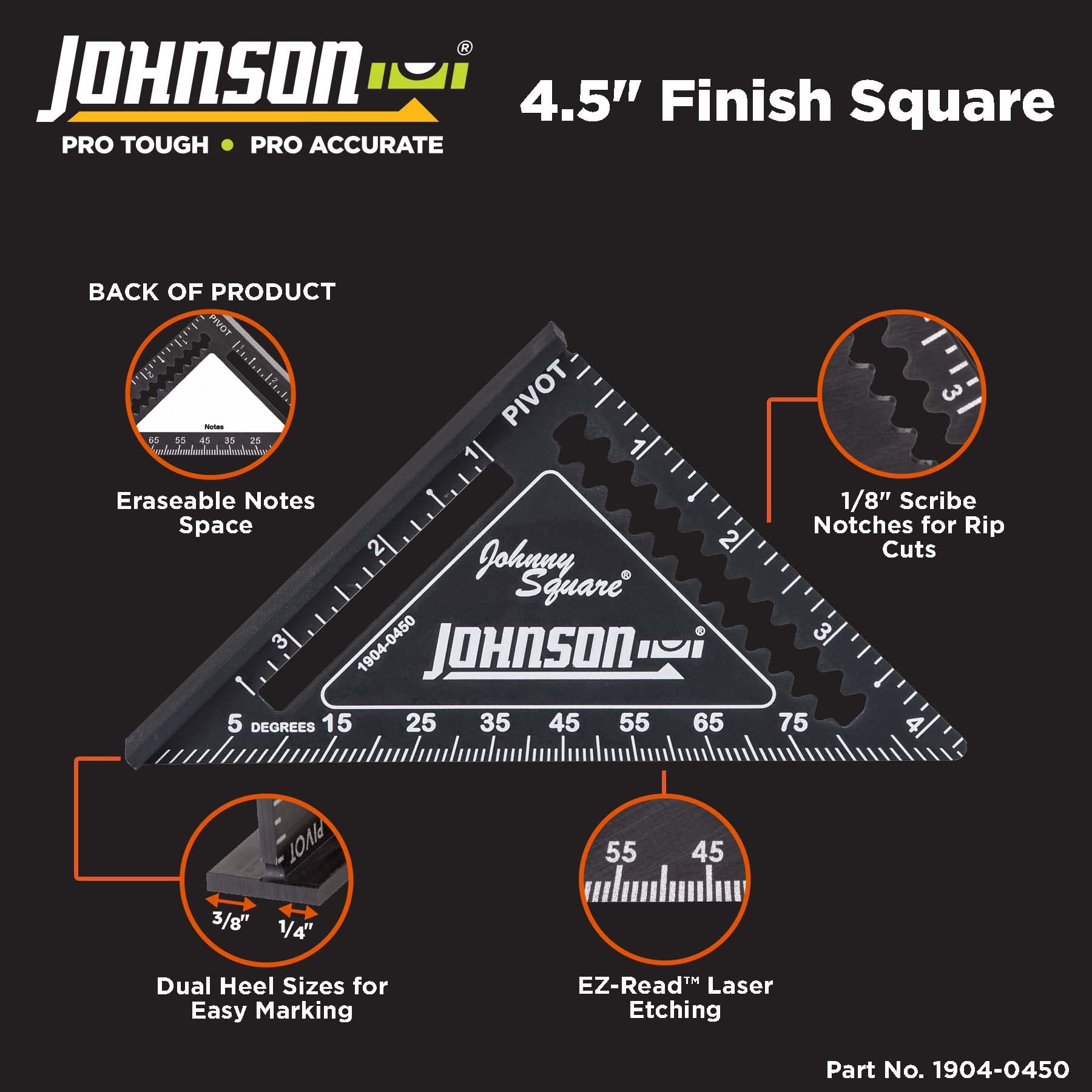 Johnson Level & Tool 1904-0450 Johnny Square Professional Easy-Read Finish Square, 4.5", Black, 1 Square
