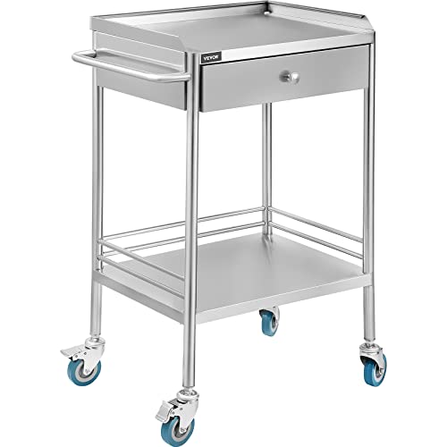 VEVOR Utility Cart with 2 Shelves Shelf Stainless Steel with Wheels Rolling Cart Commercial Wheel Dental Lab Cart Utility Services (2 Shelves/ 1 Drawer)