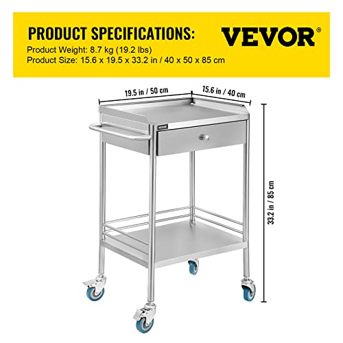 VEVOR Utility Cart with 2 Shelves Shelf Stainless Steel with Wheels Rolling Cart Commercial Wheel Dental Lab Cart Utility Services (2 Shelves/ 1 Drawer)