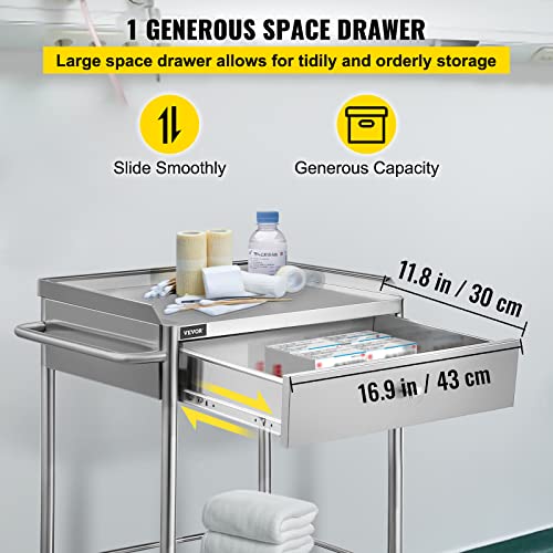 VEVOR Utility Cart with 2 Shelves Shelf Stainless Steel with Wheels Rolling Cart Commercial Wheel Dental Lab Cart Utility Services (2 Shelves/ 1 Drawer)