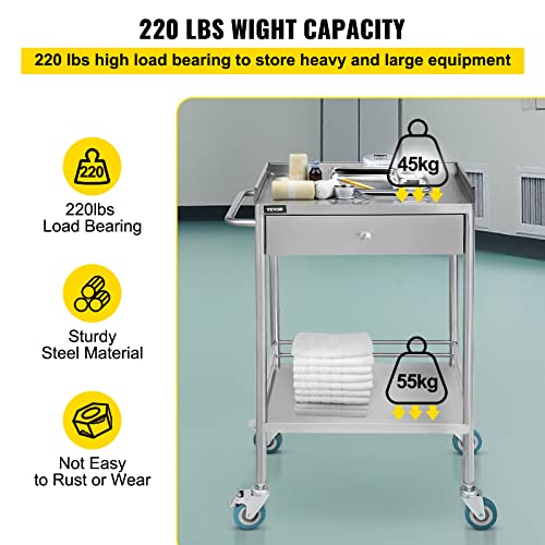 VEVOR Utility Cart with 2 Shelves Shelf Stainless Steel with Wheels Rolling Cart Commercial Wheel Dental Lab Cart Utility Services (2 Shelves/ 1 Drawer)