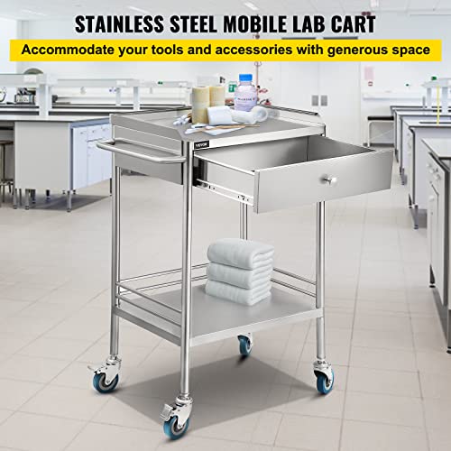 VEVOR Utility Cart with 2 Shelves Shelf Stainless Steel with Wheels Rolling Cart Commercial Wheel Dental Lab Cart Utility Services (2 Shelves/ 1 Drawer)