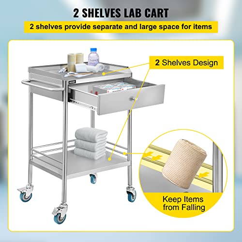 VEVOR Utility Cart with 2 Shelves Shelf Stainless Steel with Wheels Rolling Cart Commercial Wheel Dental Lab Cart Utility Services (2 Shelves/ 1 Drawer)