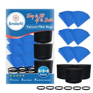 smilefil 3 pieces of 90585 foam filter sleeves, 6 pieces of shop vac reusable 9010700 dry filter disc bags & 6 retaining bands, for most shop-vac wet/dry shop vacuum cleaners